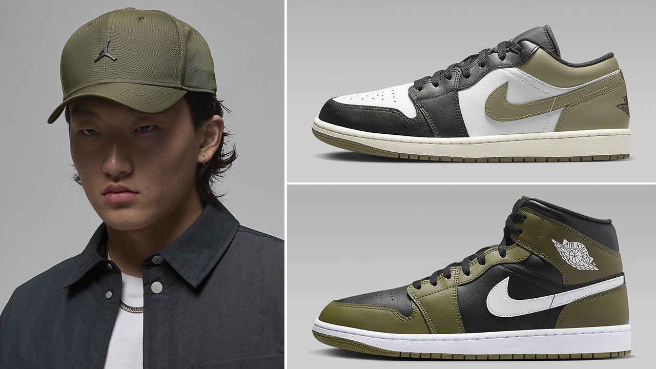 Air Jordan 1 Low Mid Medium Olive Hat to Match Sneakers