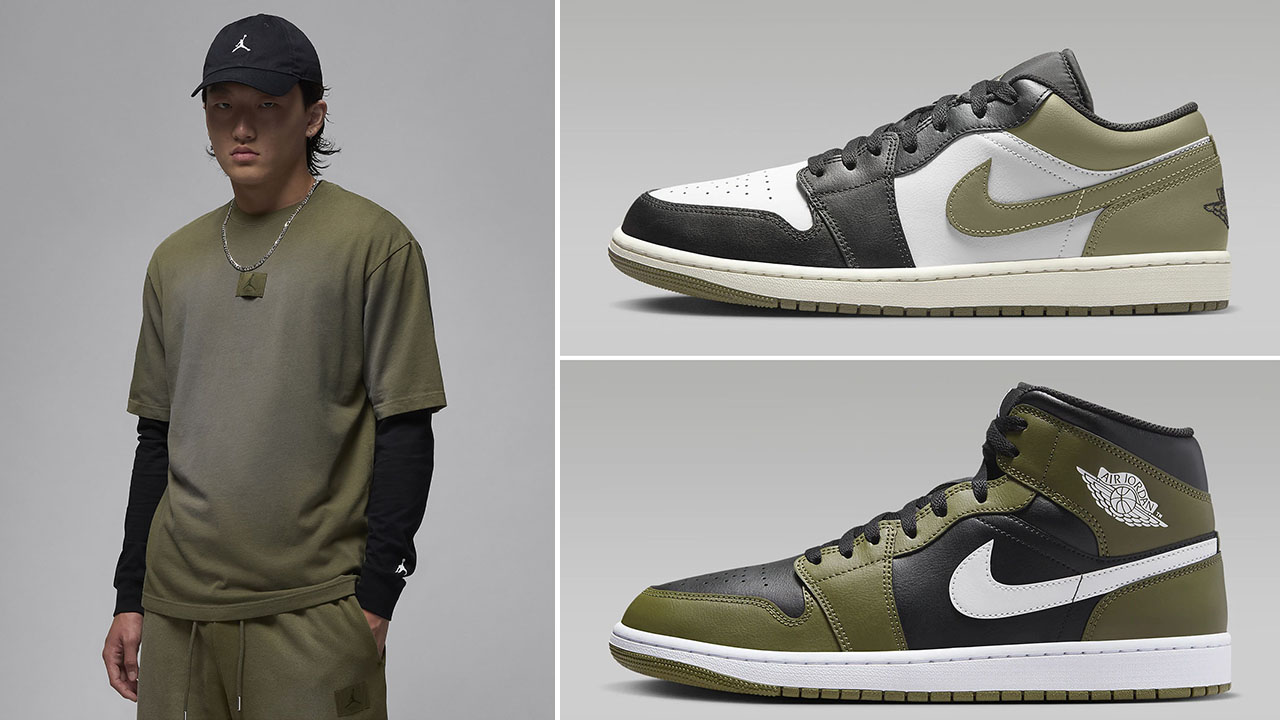 Air Jordan 1 Low and Mid Medium Olive T Shirt to Match Sneakers