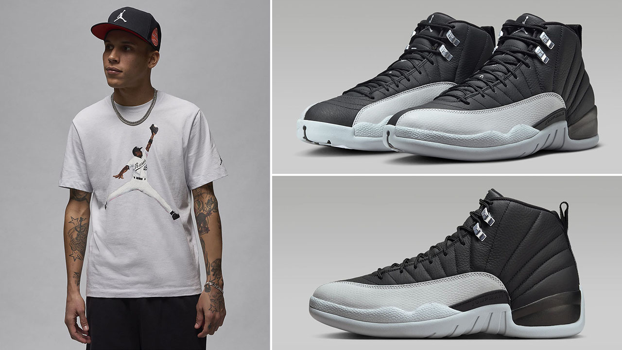 Air Jordan 12 Barons Black Wolf Grey Shirt to Match Sneakers