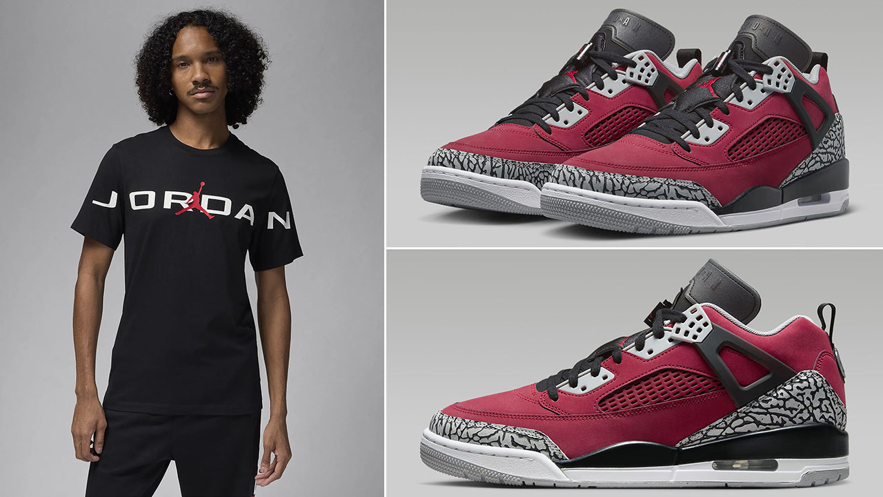 Jordan Spizike Low Gym Red Wolf Grey Black T Shirt to Match Sneakers