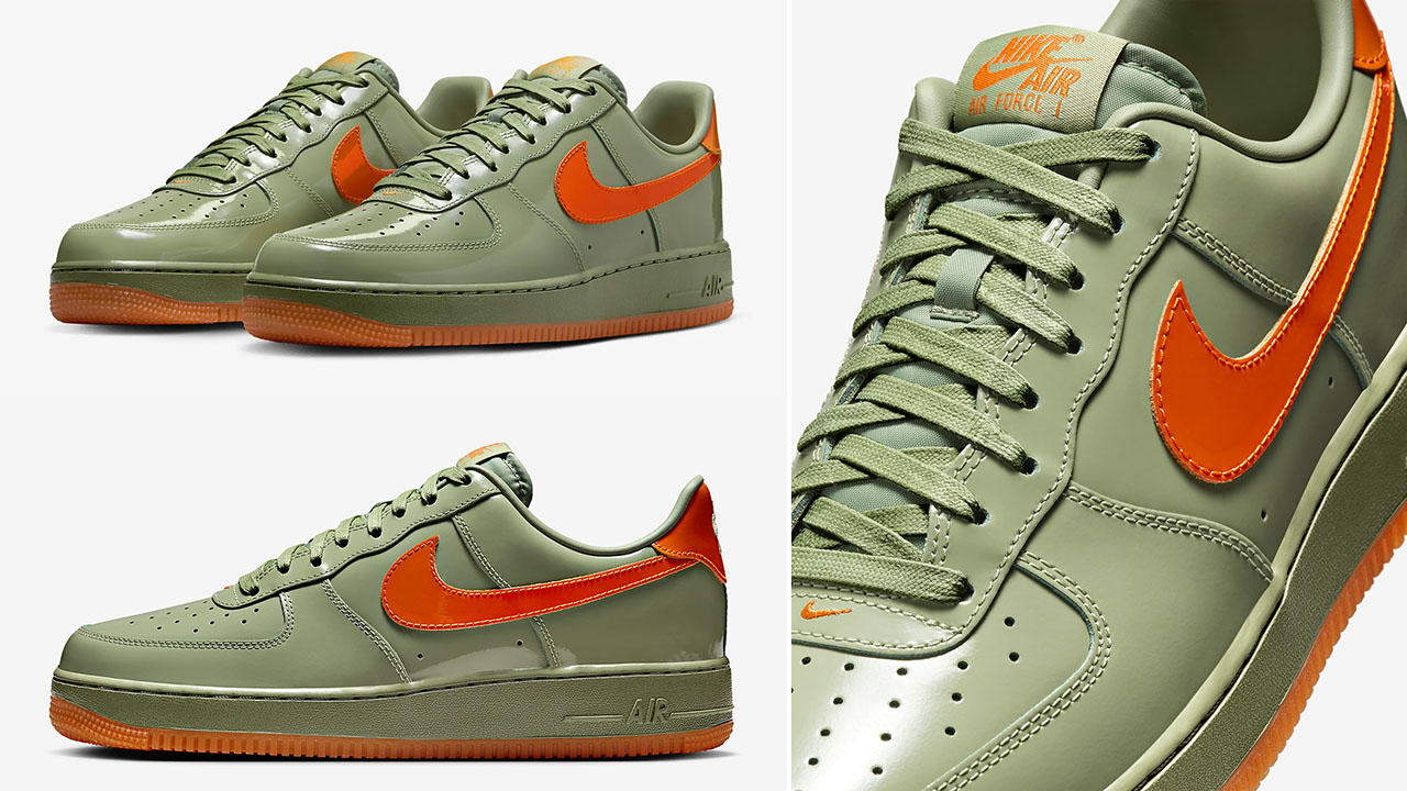 NIke Air Force 1 Low Oil Green Safety Orange Sneakers