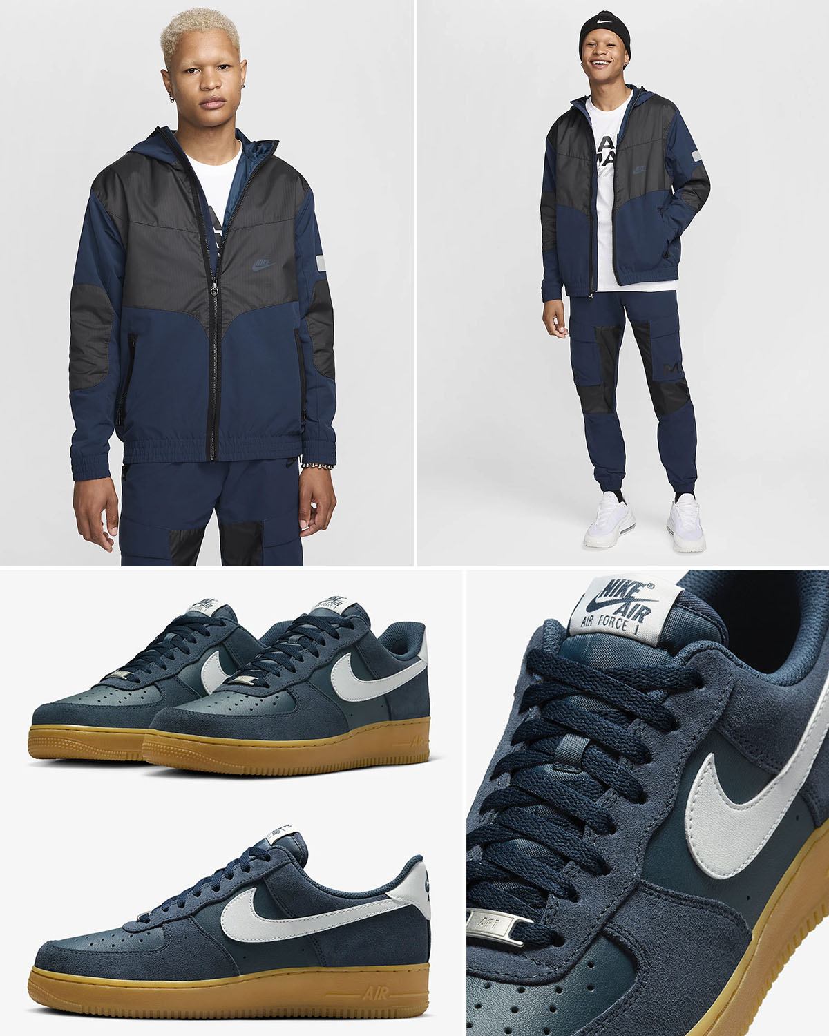 Nike Air Force 1 Low Armory Navy Gum Light Brown Jacket Pants Outfit to Match