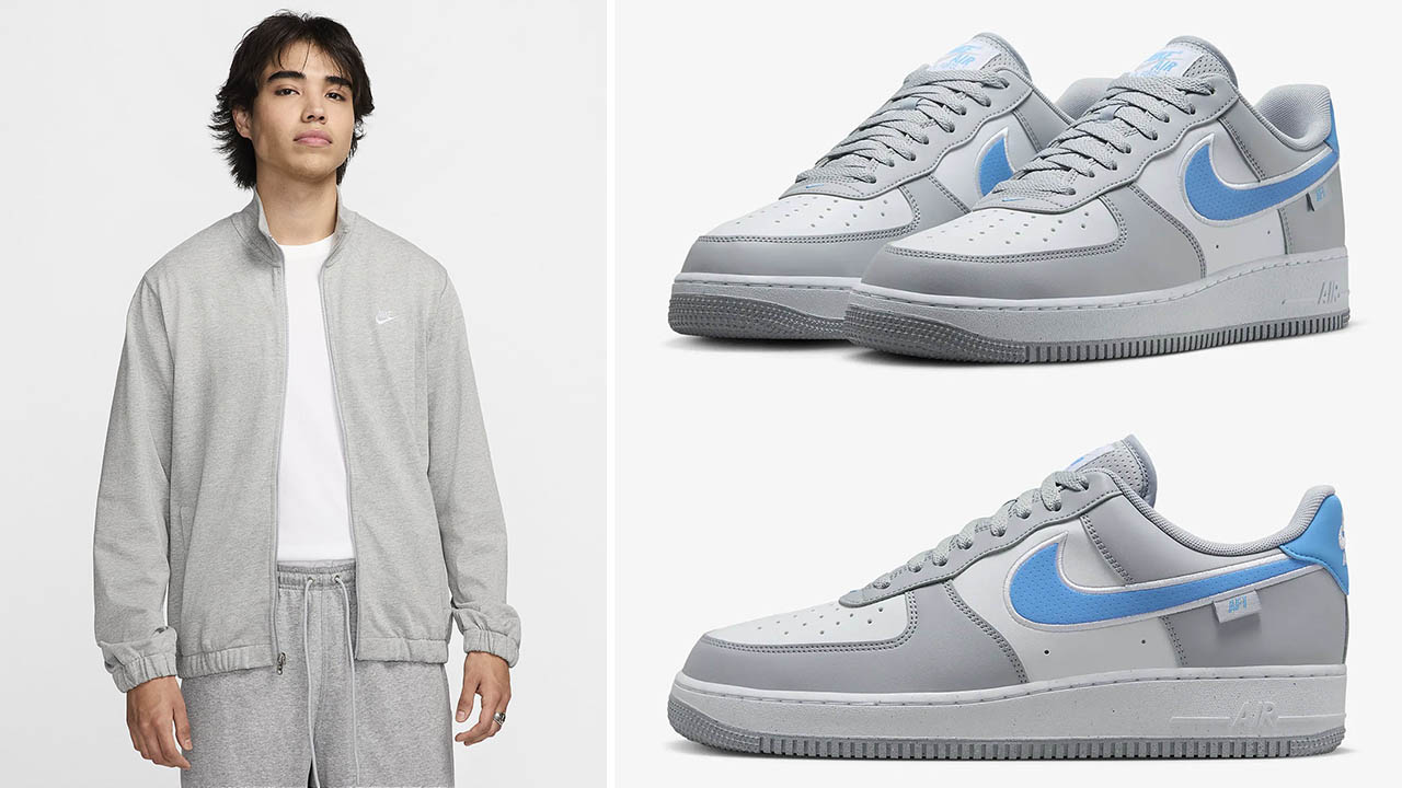 Nike Air Force 1 Low Wolf Grey White University Blue Sneakers and Jacket to Match