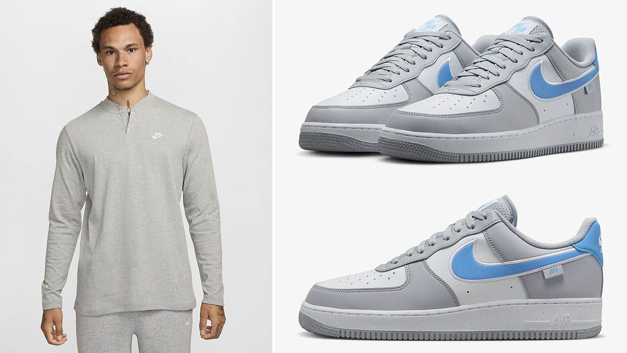 Nike Air Force 1 Low Wolf Grey White University Blue Sneakers and Long Sleeve Shirt to Match