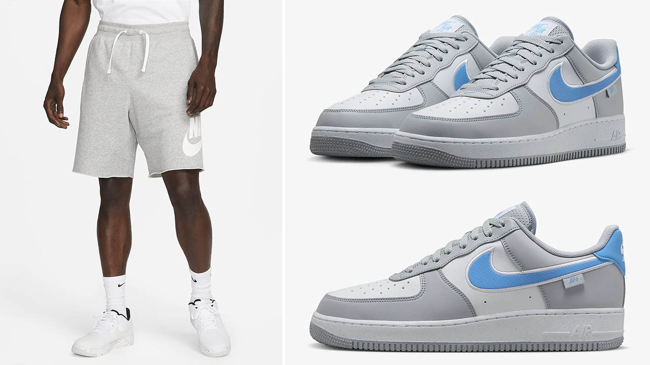 Nike Air Force 1 Low Wolf Grey White University Blue Sneakers and Matching Shorts