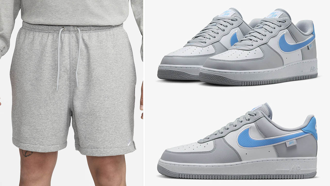 Nike Air Force 1 Low Wolf Grey White University Blue Sneakers and Shorts to Match