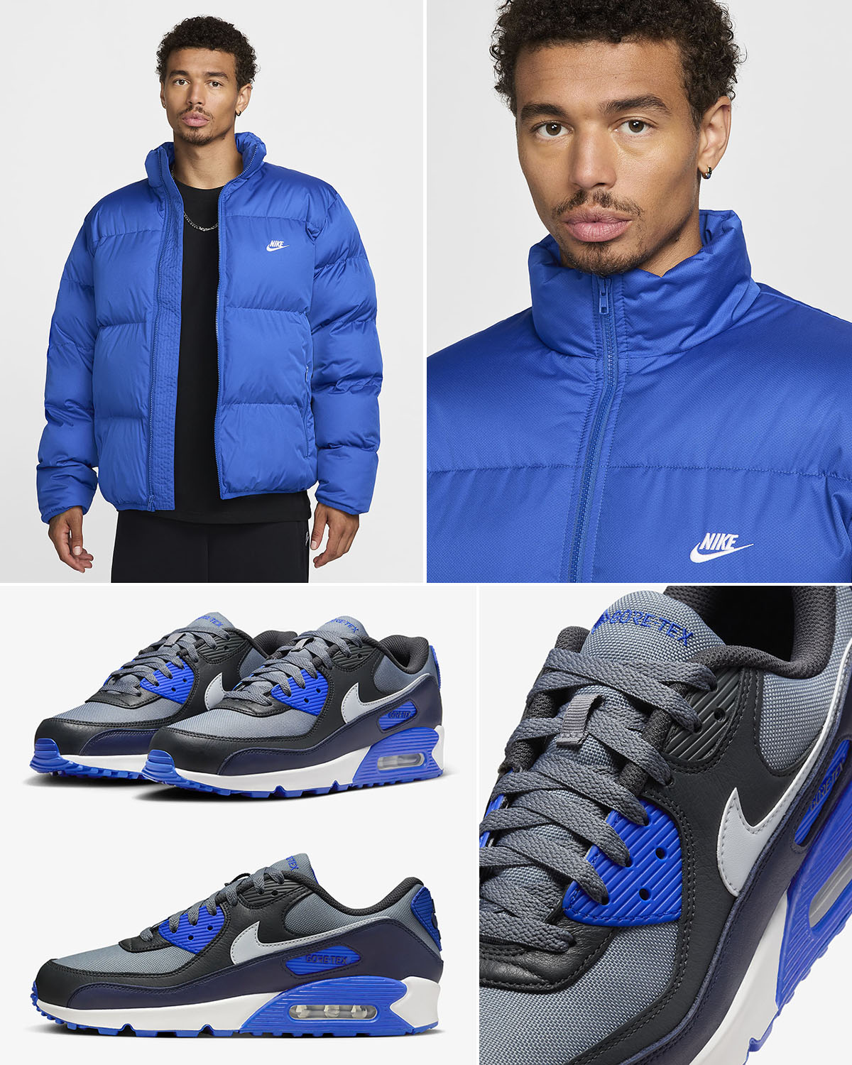 Nike Air Max 90 Gore Tex Cool Grey Obsidian Game Royal Puffer Jacket Outfit