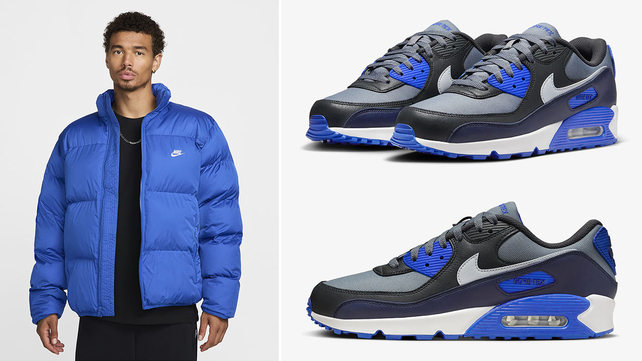 Nike Air Max 90 Gore Tex Cool Grey Obsidian Game Royal Puffer Jacket to Match Sneakers