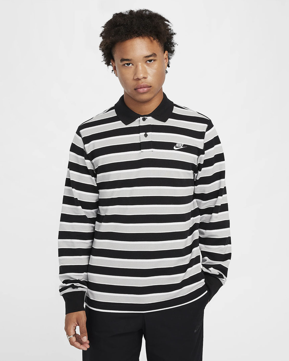 Nike Club Long Sleeve Striped Polo Shirt Black White Light Smoke Grey