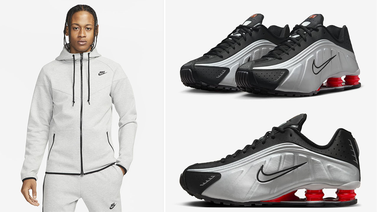 Nike Shox R4 OG Black Metallic Silver Tech Fleece Hoodie and Jogger Pants to Match Sneakers