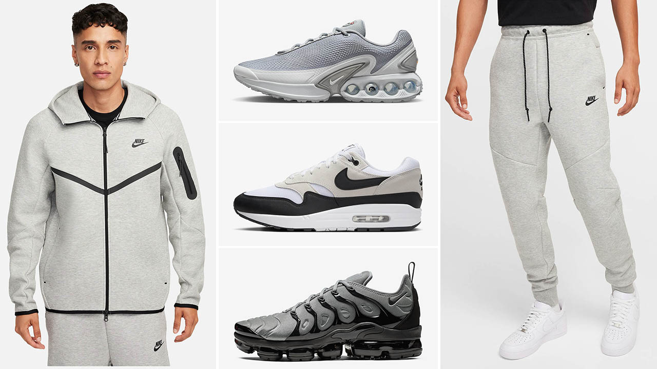 Nike Tech Fleece Hoodie and Jogger Pants Grey Black and Nike Sneakers to Match