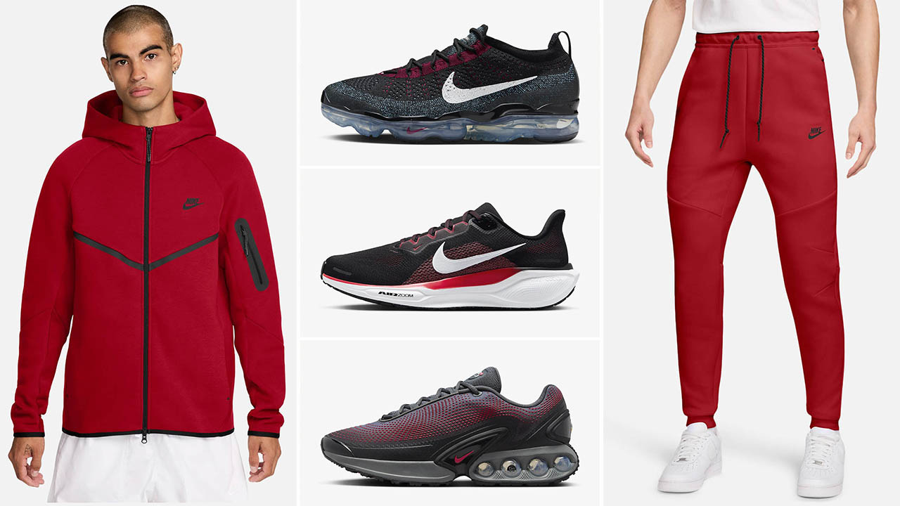 Nike Tech Fleece Hoodie and Jogger Pants Red Black Sneakers to Match