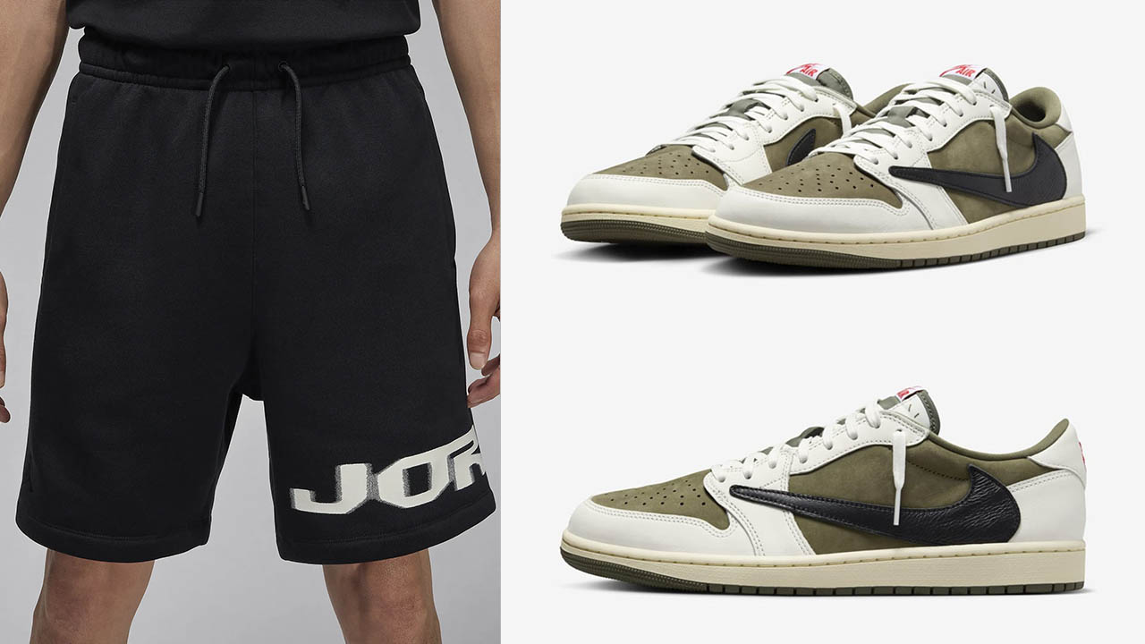 Travis Scott Air Jordan 1 Low Medium Olive Black Sail Shorts to Match Shoes