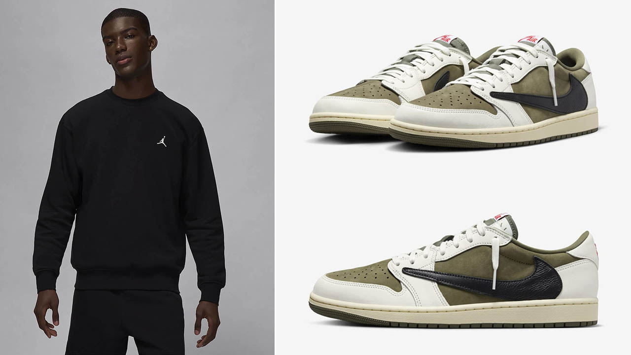 Travis Scott Air Jordan 1 Low Medium Olive Crew Sweatshirt to Match Shoes