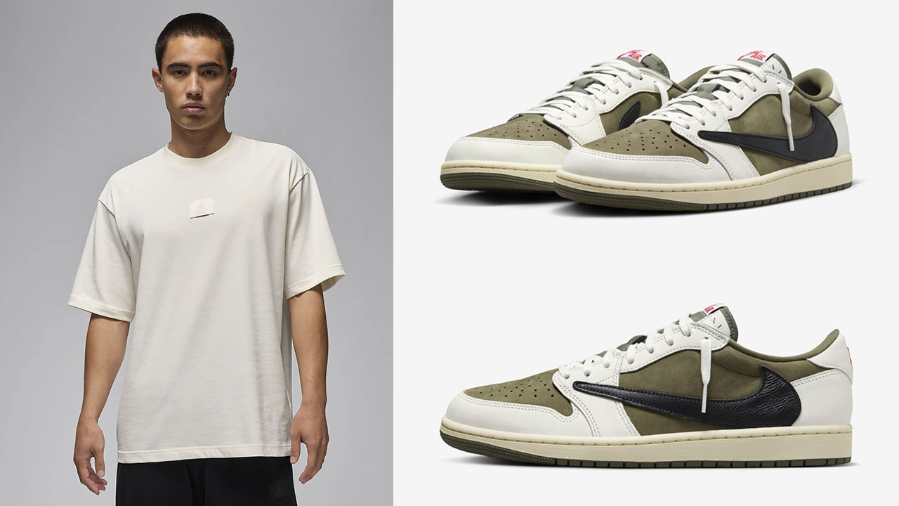 Travis Scott Air Jordan 1 Low Medium Olive Sail T Shirt to Match Sneakers