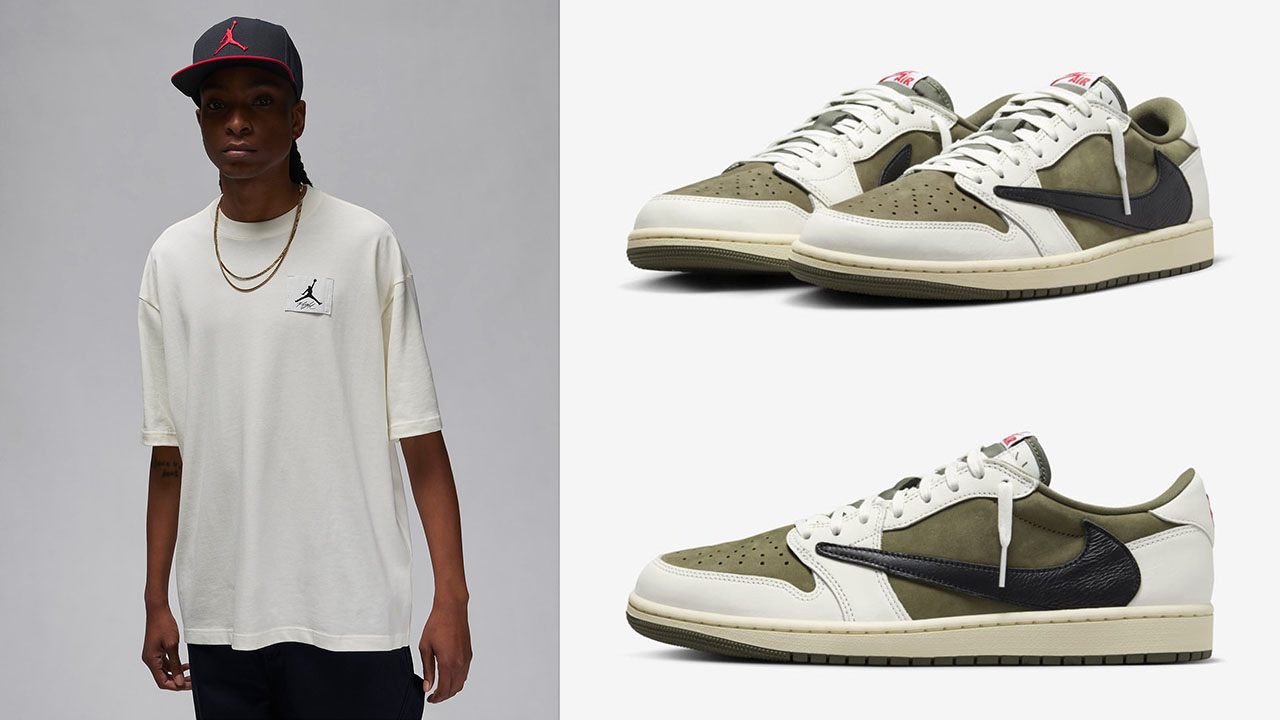 Travis Scott Air Jordan 1 Low Medium Olive Sail Tee to Match Sneakers