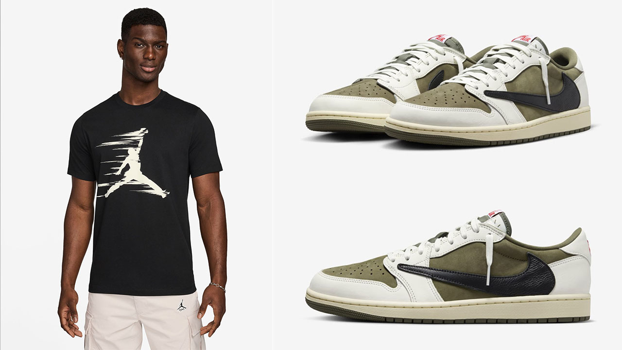 Travis Scott Air Jordan Low Medium Olive Black Sail T Shirt to Match Shoe