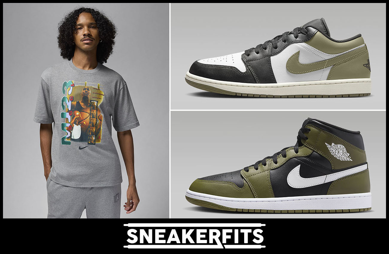 Air Jordan 1 Low Mid Medium Olive Retro Graphic T Shirt Grey Sneakerfits