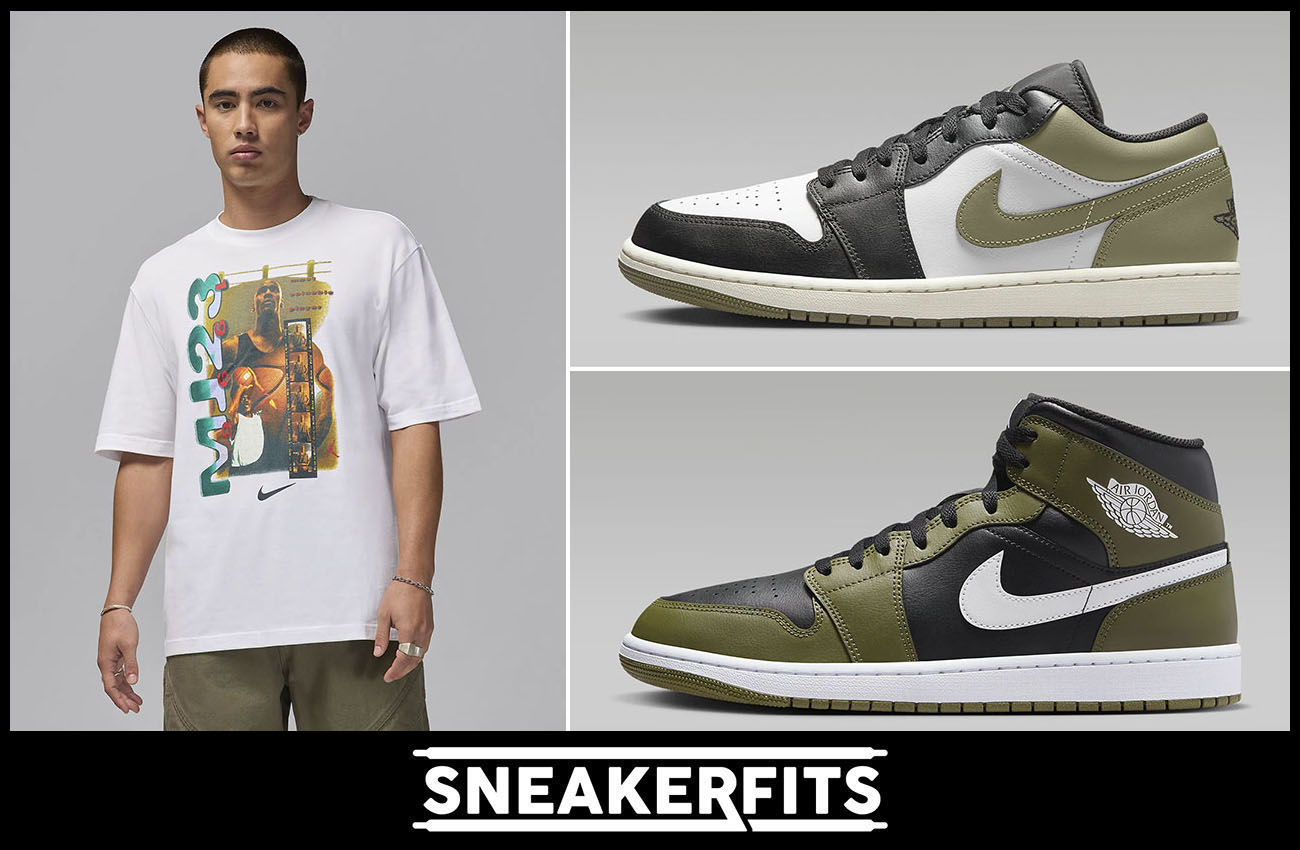 Air Jordan 1 Low Mid Medium Olive Retro Graphic T Shirt White Sneakerfits