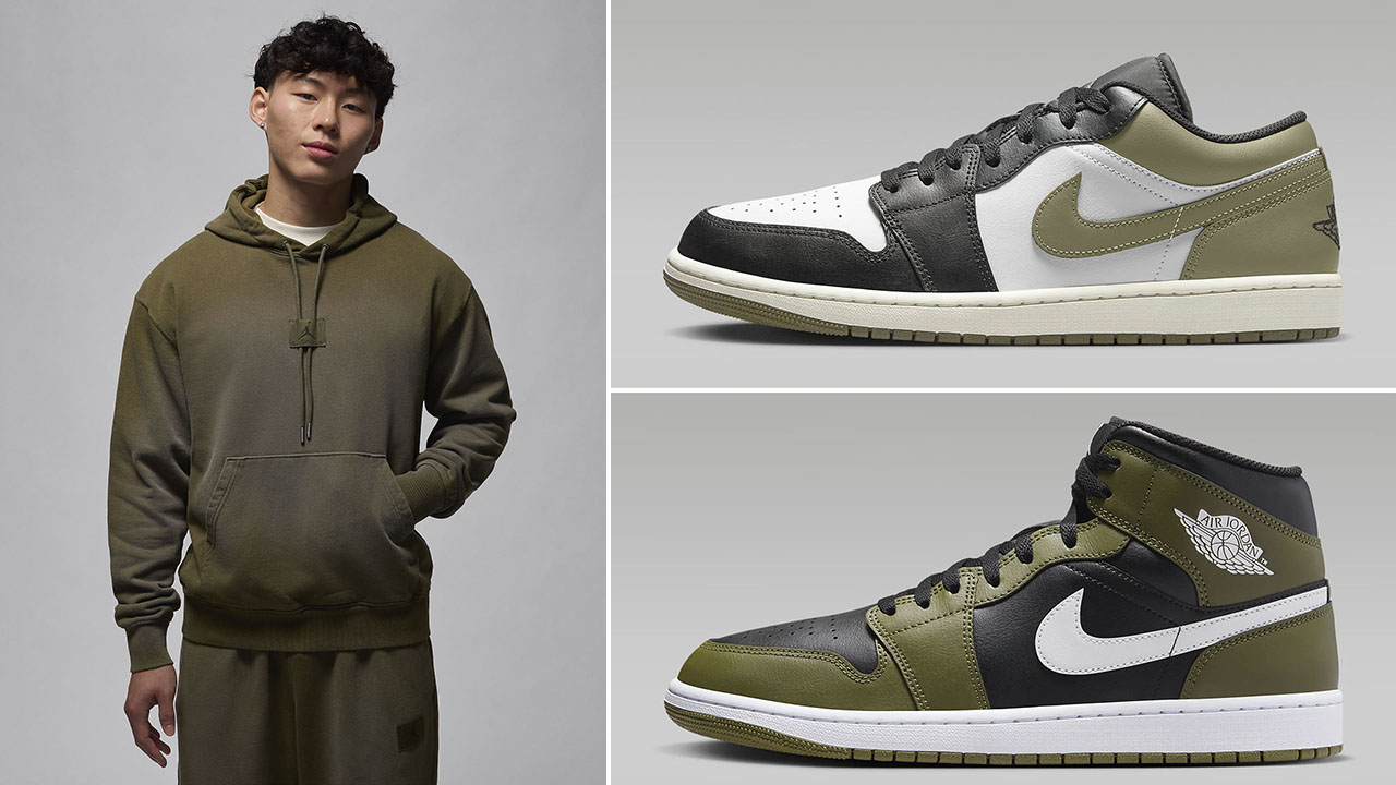 Air Jordan 1 Low and Mid Medium Olive Flight Fleece Hoodie Outfit