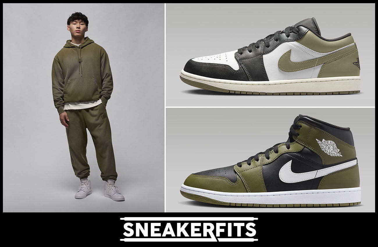 Air Jordan 1 Low and Mid Medium Olive Flight Fleece Hoodie and Pants Outfit Sneakerfits