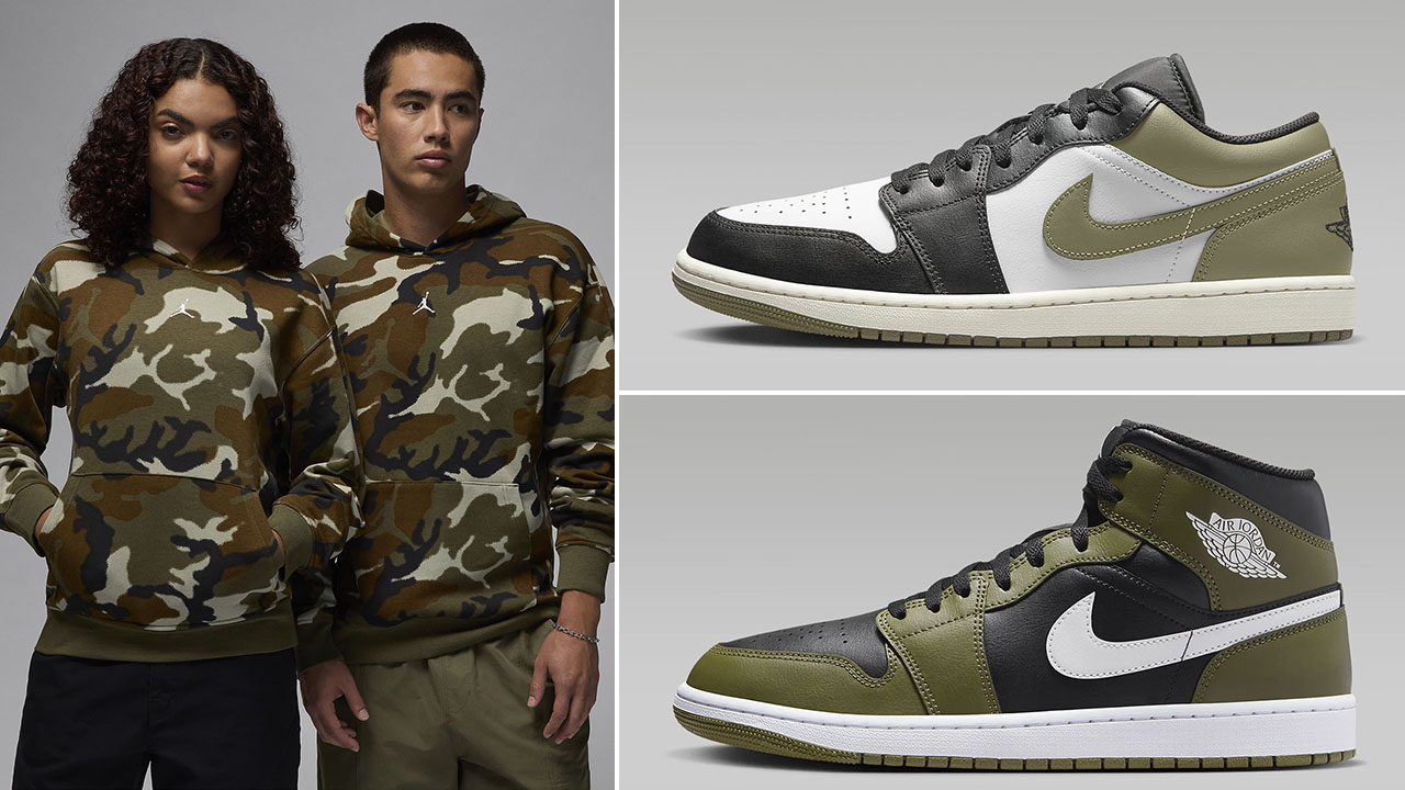 Air Jordan 1 Low and Mid Medium Olive Sneakers and Camo Hoodie Outfit