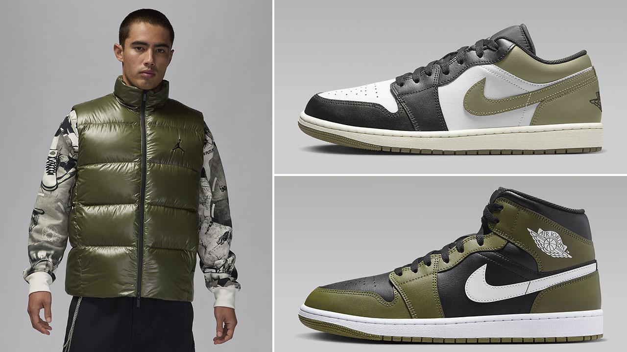 Air Jordan 1 Low and Mid Medium Olive Vest to Match Sneakers