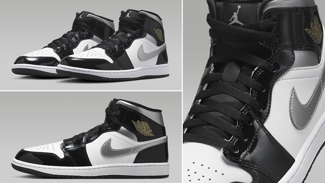 Air Jordan 1 Mid Black White Metallic Gold Silver Mens Sneakers