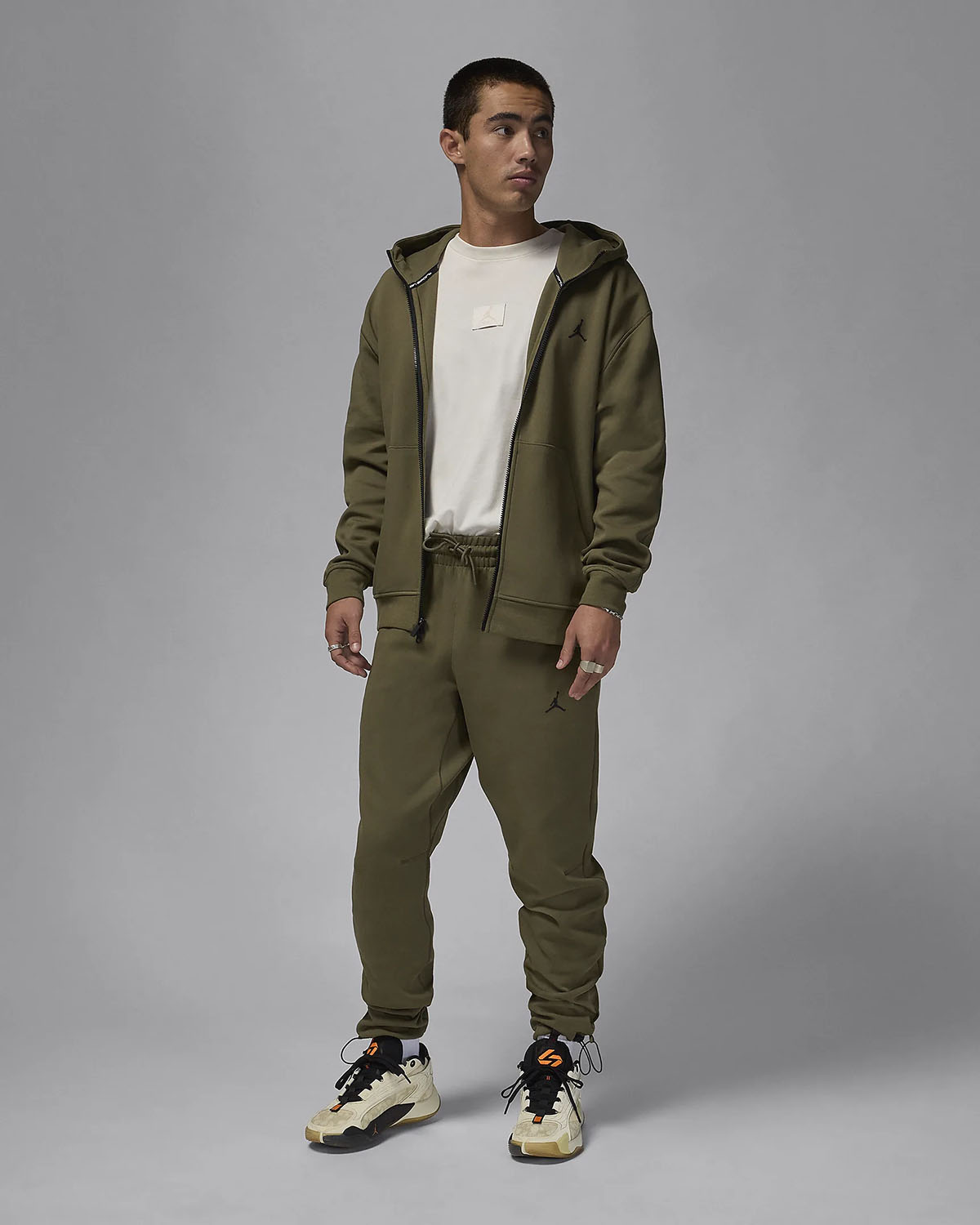 Jordan Sport Hoop Fleece Dri Fit Hoodie and Pants Medium Olive Outfit