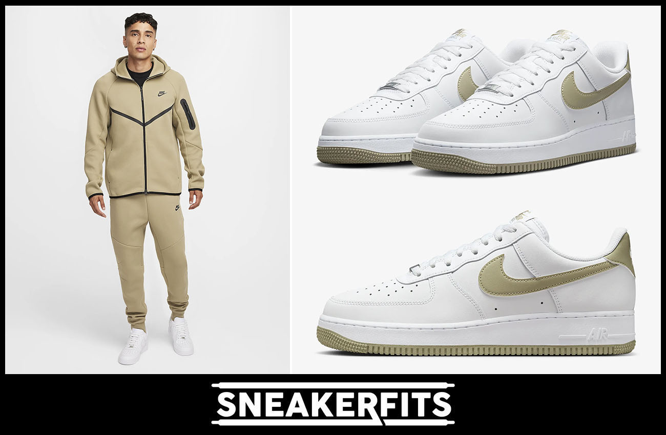 Nike Air Force 1 Low White Neutral Olive Tech Fleece Hoodie Jogger Pants Outfit Sneakerfits