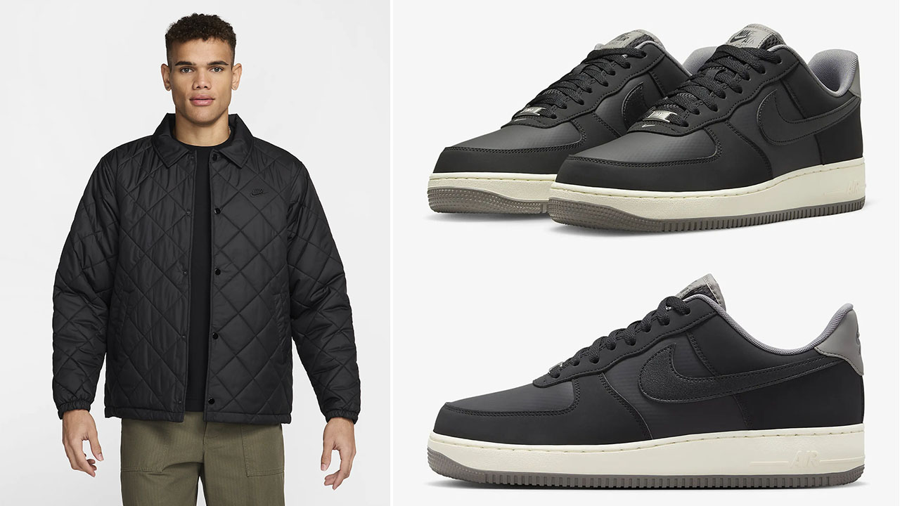 Nike Air Force 1 Low Winterized Black Flat Pewter Coconut Milk Quilted Jacket Outfit