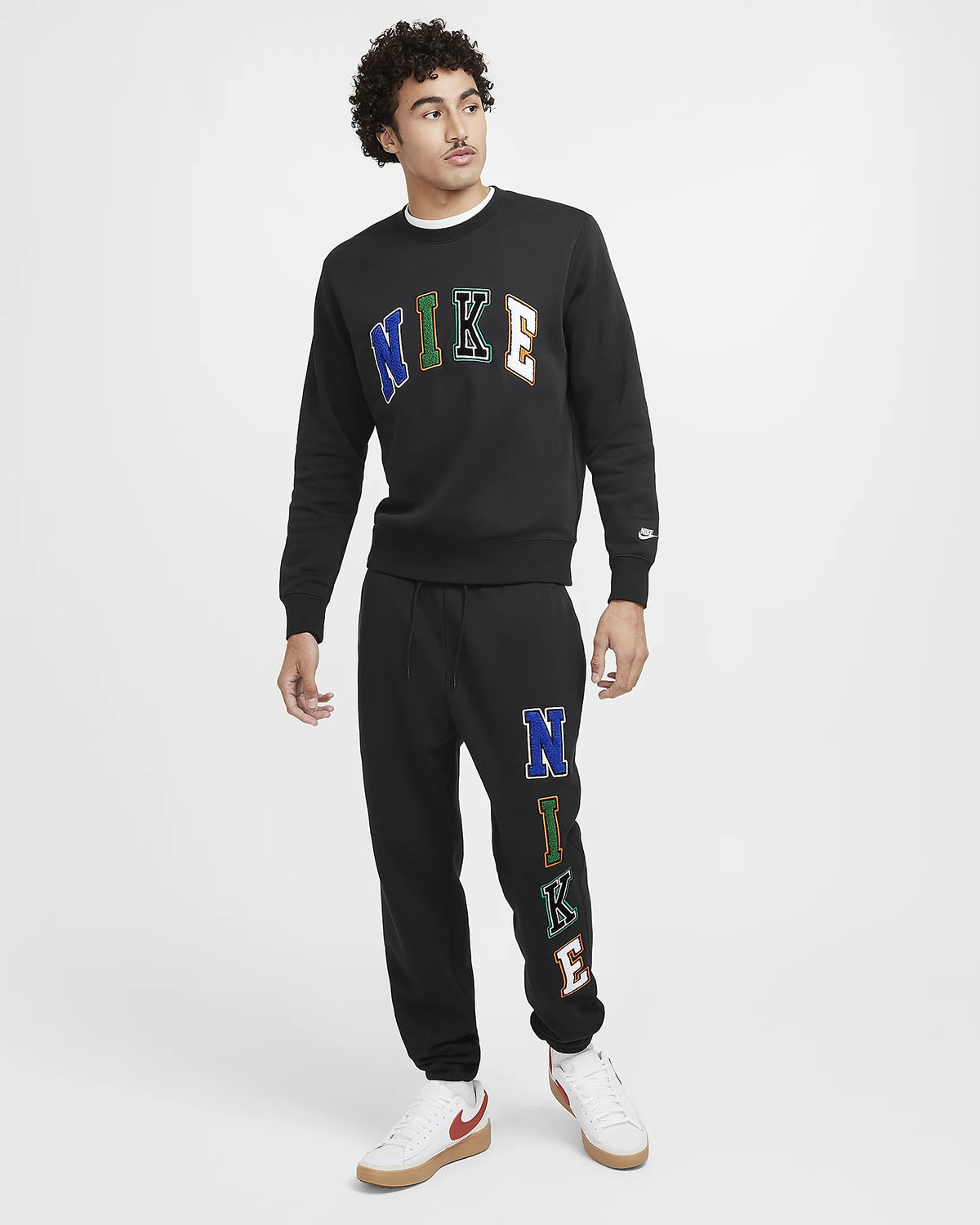 Nike Club Fleece Letters Crew Sweatshirt Pants Black White Multi Color