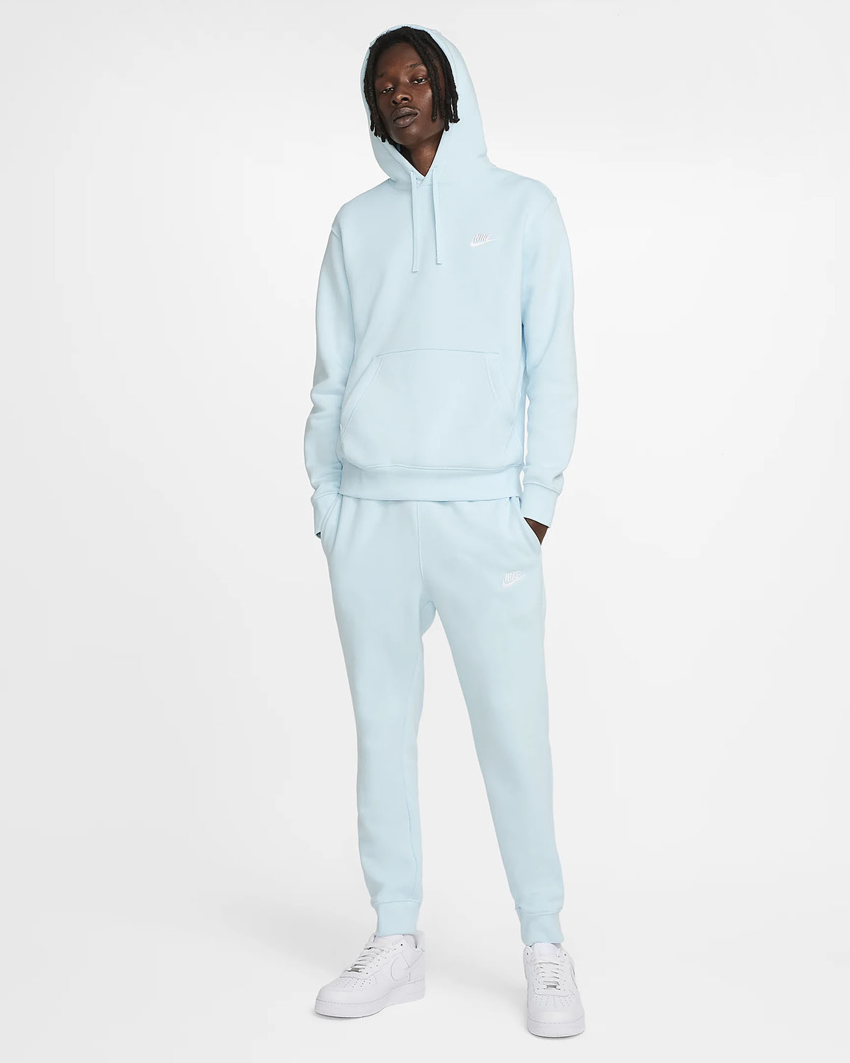 Nike Club Fleece Pullover Hoodie and Pants Glacier Blue Outfit