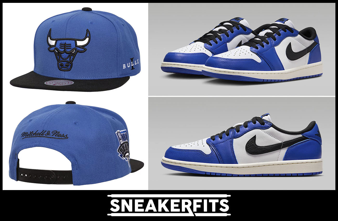 Air Jordan 1 Low Game Royal Bulls Hat Mitchell and Ness Cap Sneakerfits