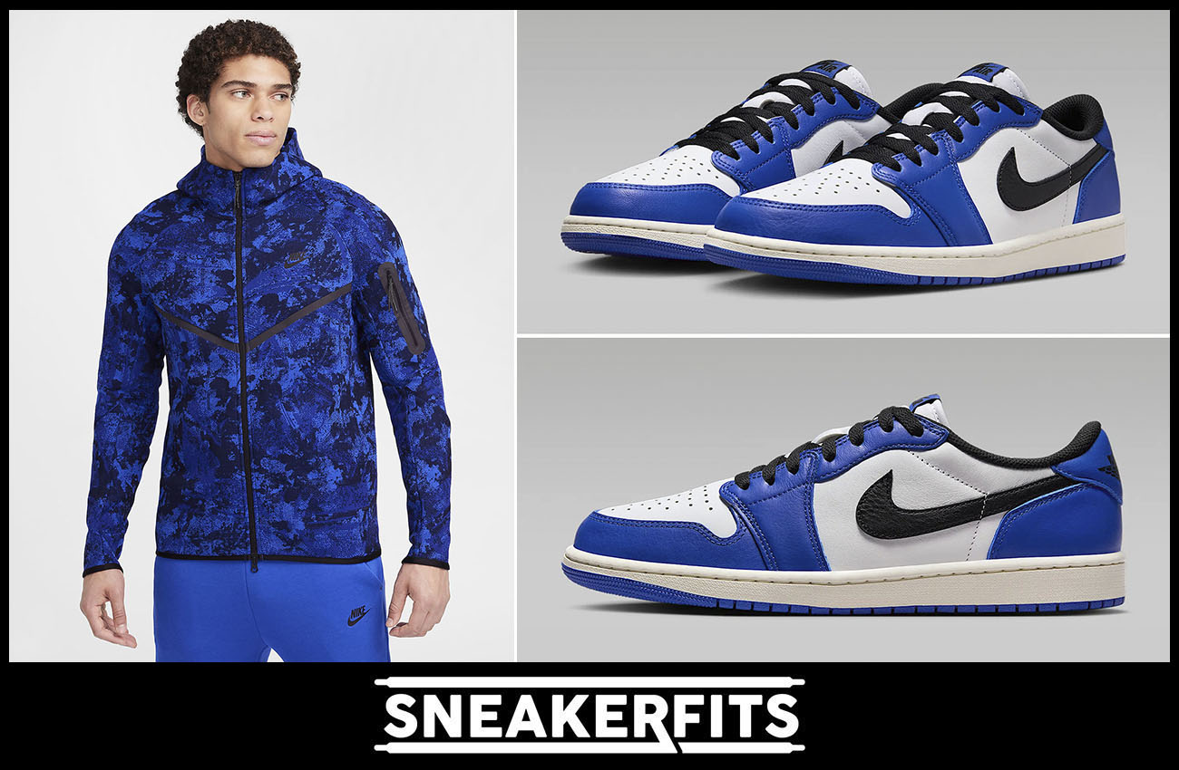 Air Jordan 1 Low OG Game Royal Nike Tech Fleece Camo Hoodie Outfit to Match Sneakers