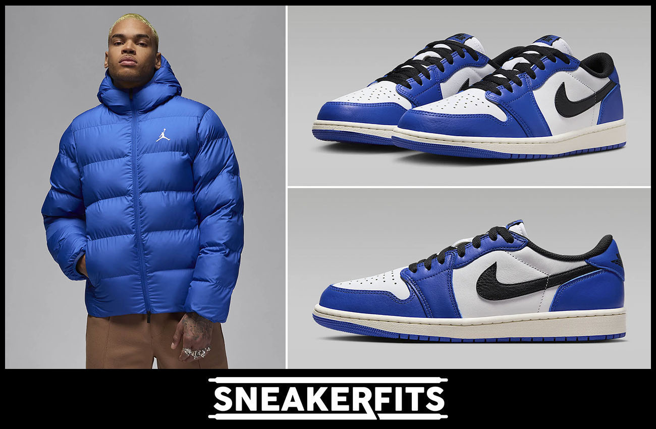 Air Jordan 1 Low OG Game Royal Puffer Jacket Outfit