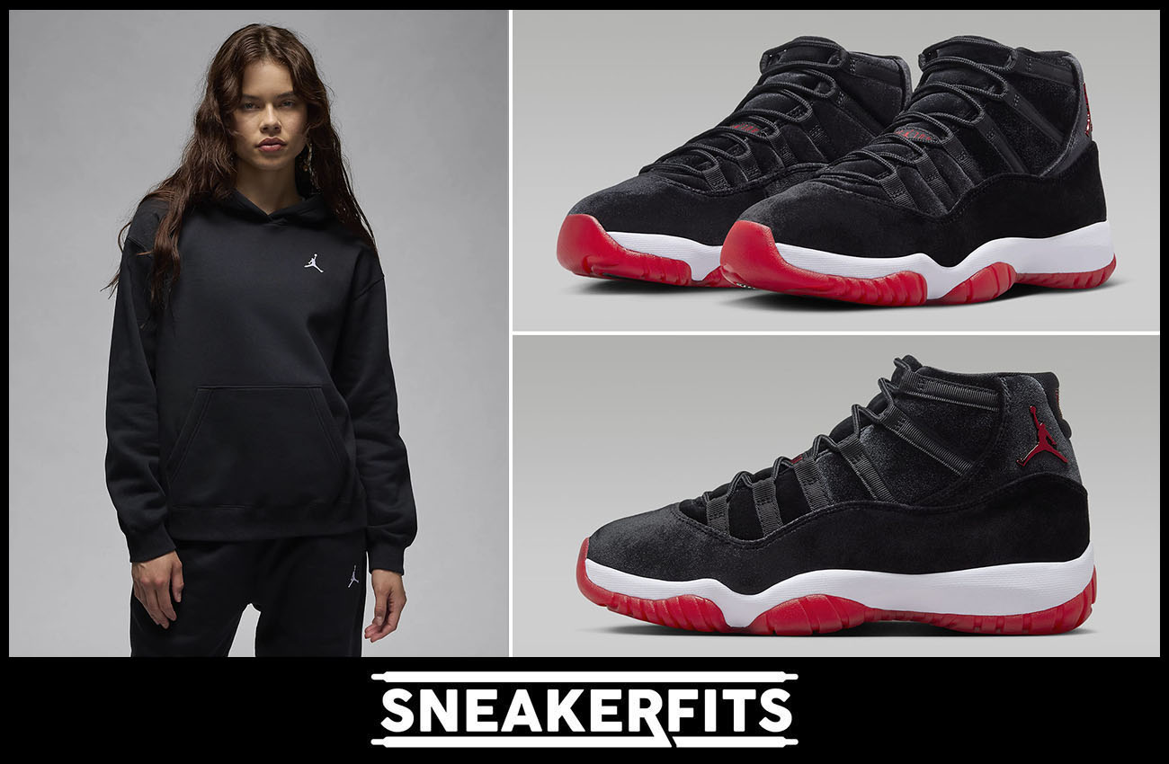 Air Jordan 11 Bred Velvet Womens Black Fleece Hoodie Sneakerfits