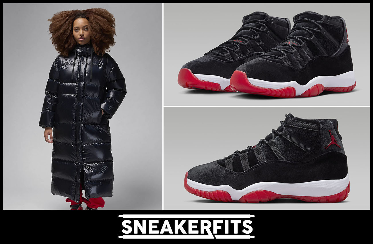 Air Jordan 11 Bred Velvet Womens Parka Jacket Sneakerfits