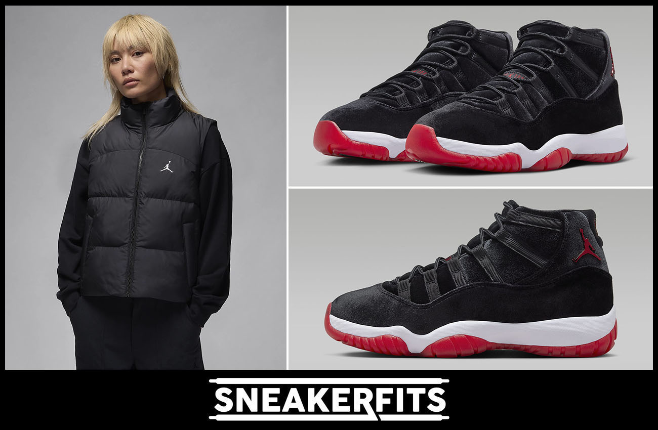 Air Jordan 11 Bred Velvet Womens Puffer Vest Sneakerfits