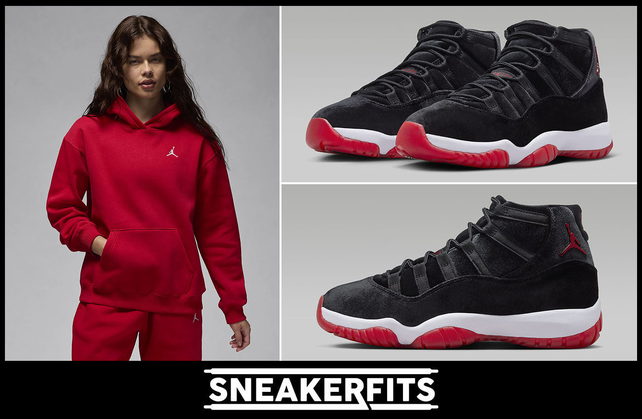 Air Jordan 11 Bred Velvet Womens Red Fleece Hoodie Sneakerfits