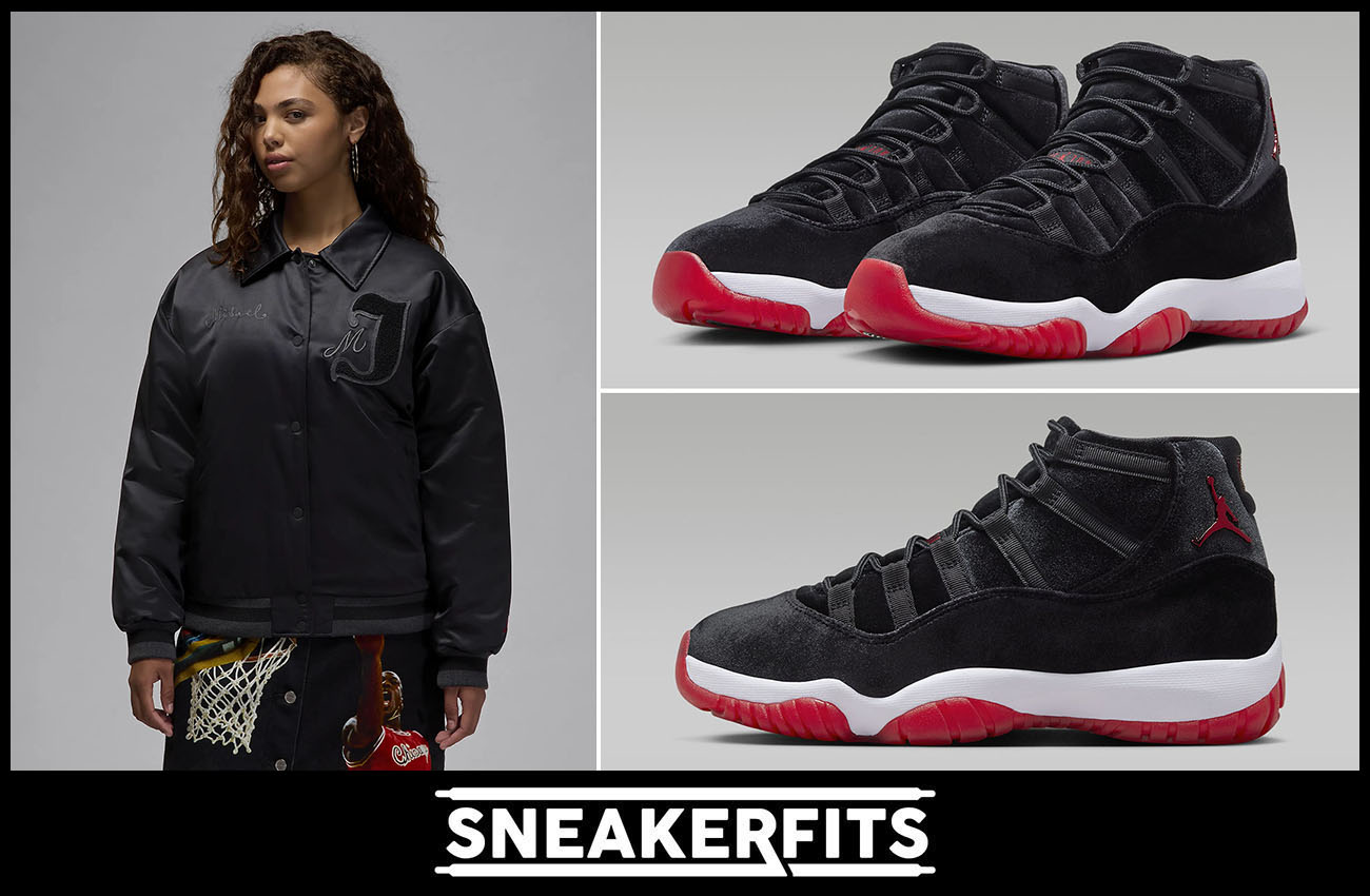 Air Jordan 11 Bred Velvet Womens Varsity Jacket Sneakerfits