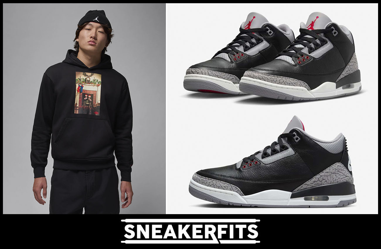 Air Jordan 3 Black Cement 2024 Holiday Hoodie Black Outfit Sneakerfits