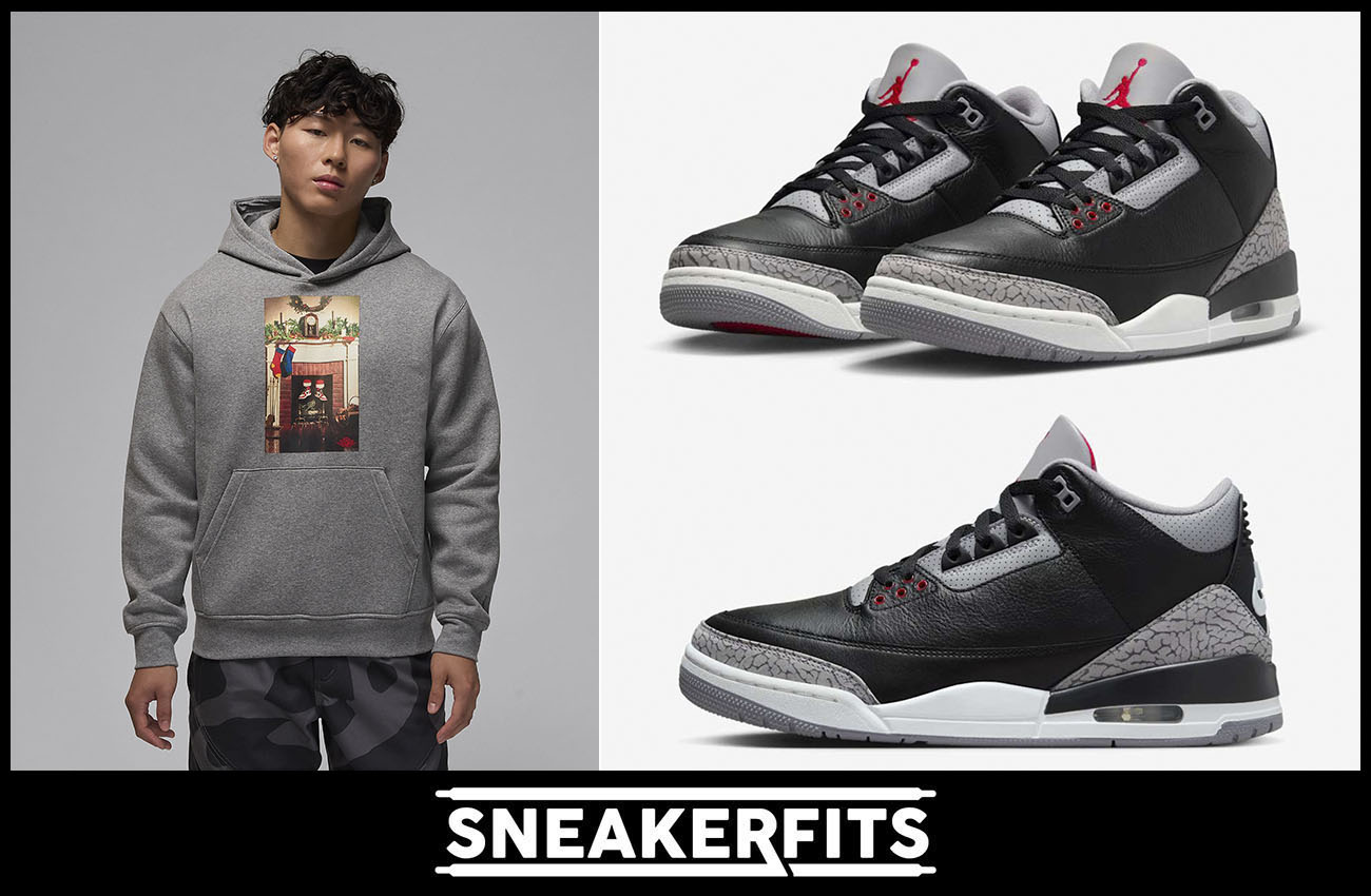 Air Jordan 3 Black Cement 2024 Holiday Hoodie Grey Outfit Sneakerfits