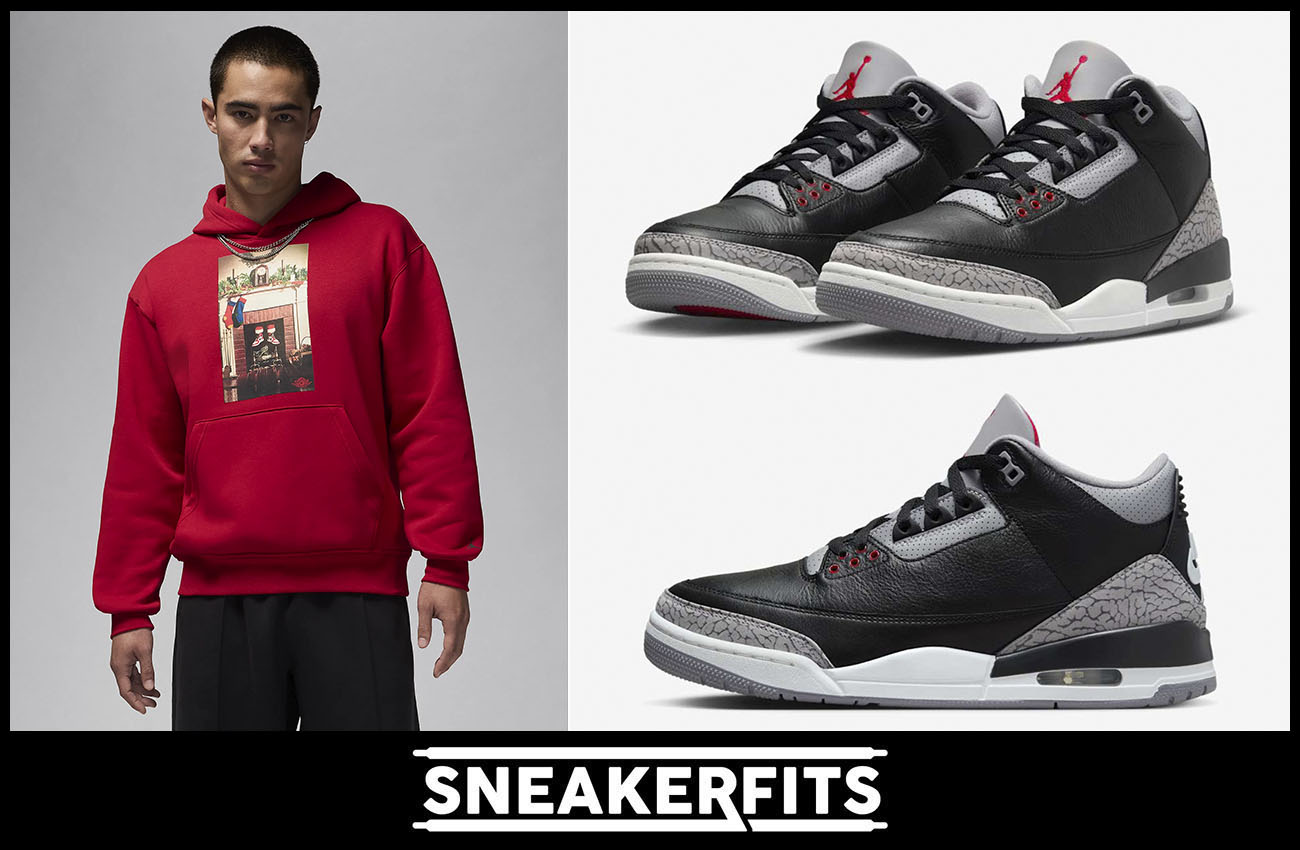 Air Jordan 3 Black Cement 2024 Holiday Hoodie Red Outfit Sneakerfits.