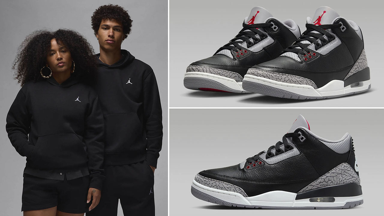 Air Jordan 3 Black Cement Black Brookkyn Fleece Hoodie and Pants Outfit