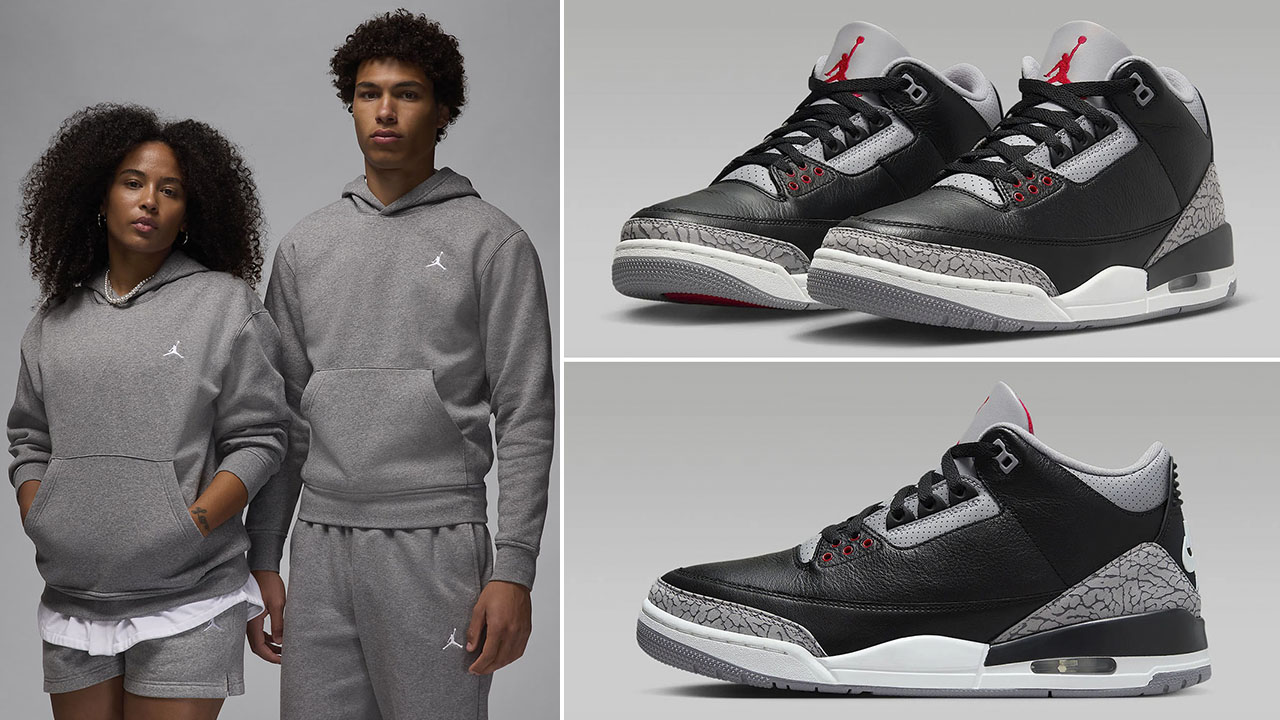 Air Jordan 3 Black Cement Grey Brookkyn Fleece Hoodie and Pants Outfit