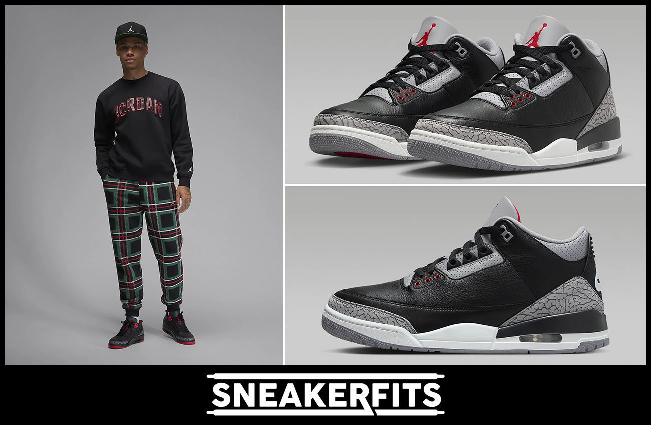 Air Jordan 3 Black Cement Holiday 2024 Plaid Clothing Outfit Sneakerfits