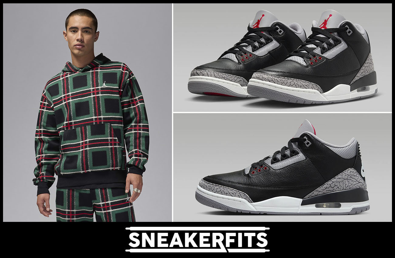 Air Jordan 3 Black Cement Holiday 2024 Plaid Hoodie Outfit Sneakerfits