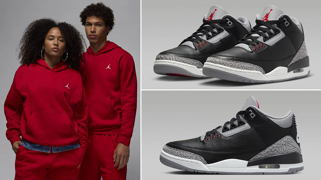 Air Jordan 3 Black Cement Red Brookkyn Fleece Hoodie and Pants Outfit