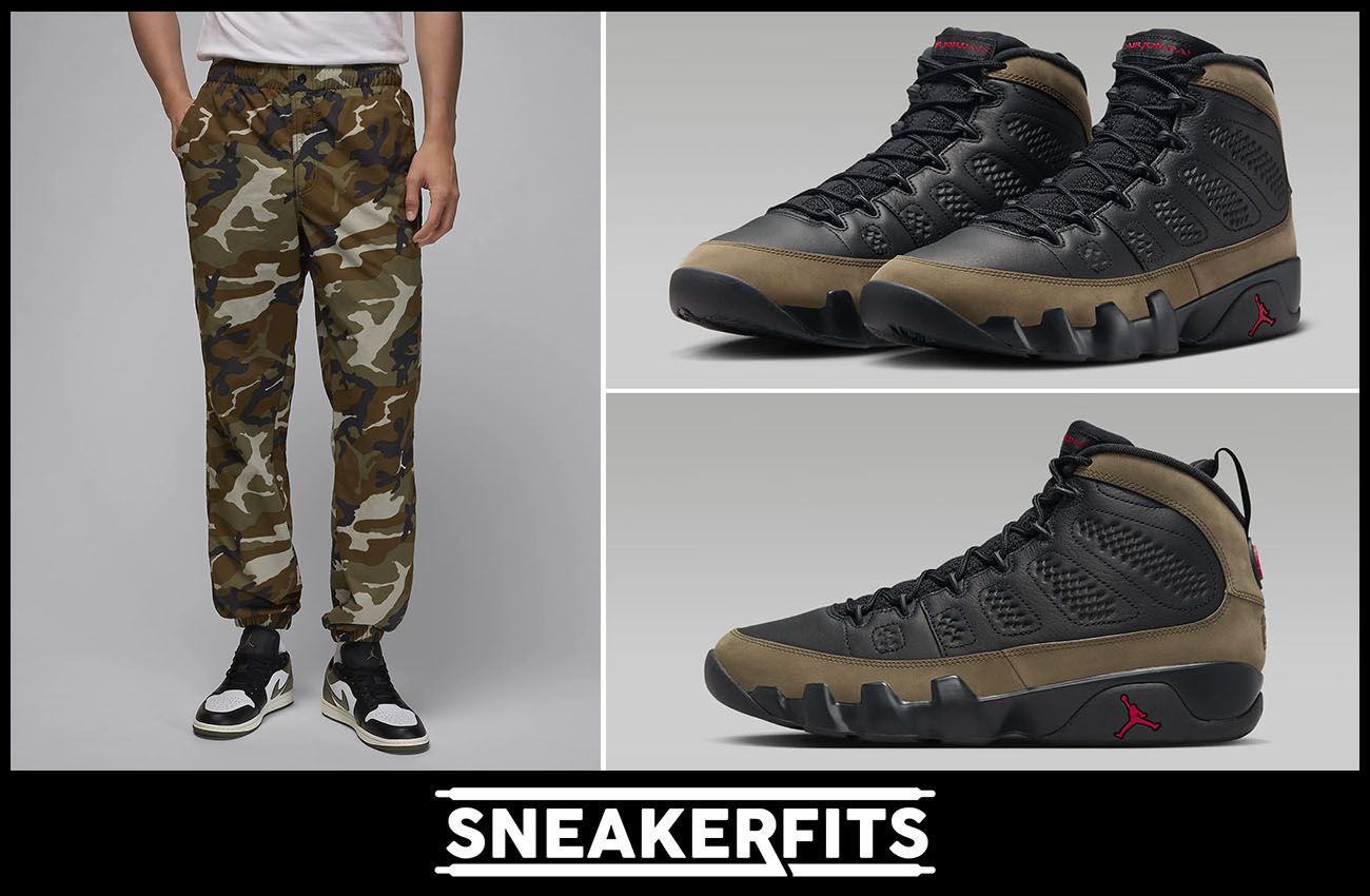 Air Jordan 9 Olive 2024 Camo Pants to Match Sneakers